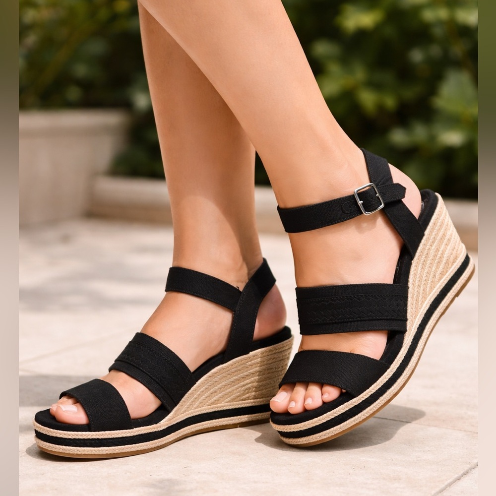 Toms Black Wedge Sandals